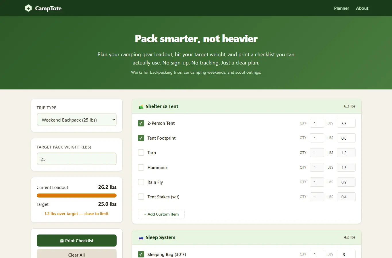 Screenshot of CampTote: Gear Loadout Weight Planner interface showing the project page in use